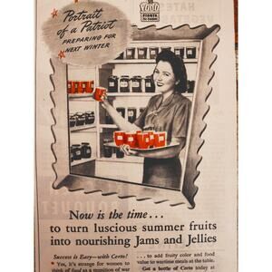 1944 Certo  Happy Woman Stocking Jelly Jars Portrait of a Patriot Vtg Print Ad